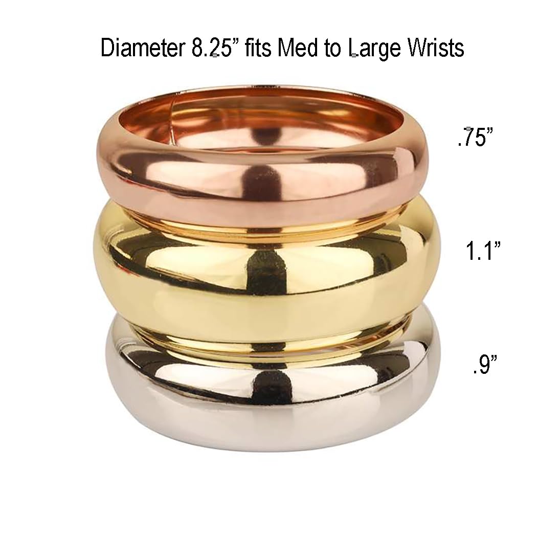 Tri-Color Stacking Bangle Bracelets Set, Rose Gold, Gold and Silver Plated, Round Chunky Design, Thick, Bold and Gold for Med to Large size wrists 3 Piece Set 8.25"