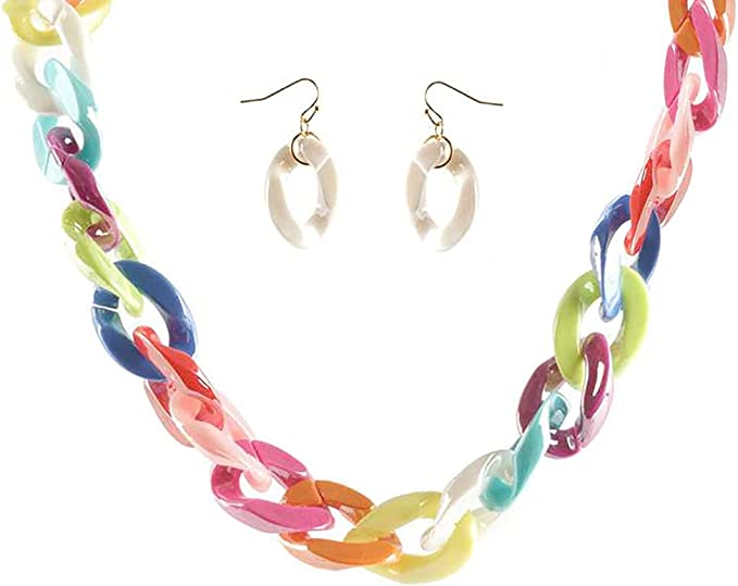 Colorful And Chunky Acrylic Resin Rainbow Links Curb Chain Collar Necklace Earrings Set, 16"+ 3" Extender