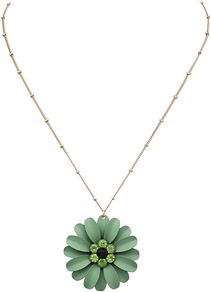 Summertime Fun Daisy Flower Pendant Necklace and Earrings Set (Green Necklace Only)