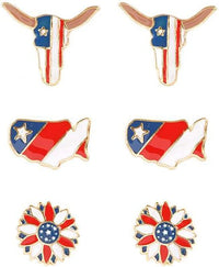 Rosemarie & Jubalee Women's Set of 3 USA Flag Red White and Blue Patriotic Enamel Hypoallergenic Post Earrings, 0.50" (Steer Heads USA Map Round Star)…