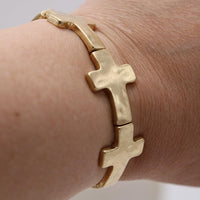 Rosemarie's Religious Gifts Women's Statement Matte Gold And Silver Tones Hammered Cross Charms Stretch Bangle Bracelet, 6.5" (Hammered Cross Gold Tone 20mm)