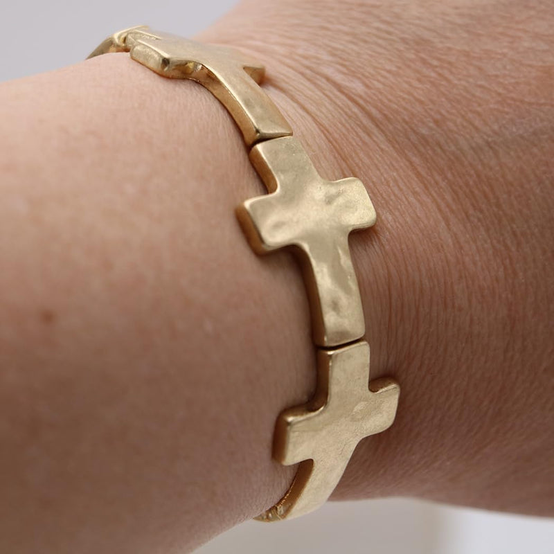 Rosemarie's Religious Gifts Women's Statement Matte Gold And Silver Tones Hammered Cross Charms Stretch Bangle Bracelet, 6.5" (Hammered Cross Gold Tone 20mm)