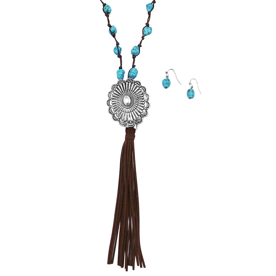 Western Style Statement Concho Pendant With Turquoise Stone And Vegan Suede Tassel Necklace Earrings Set, 36"+3" Extender