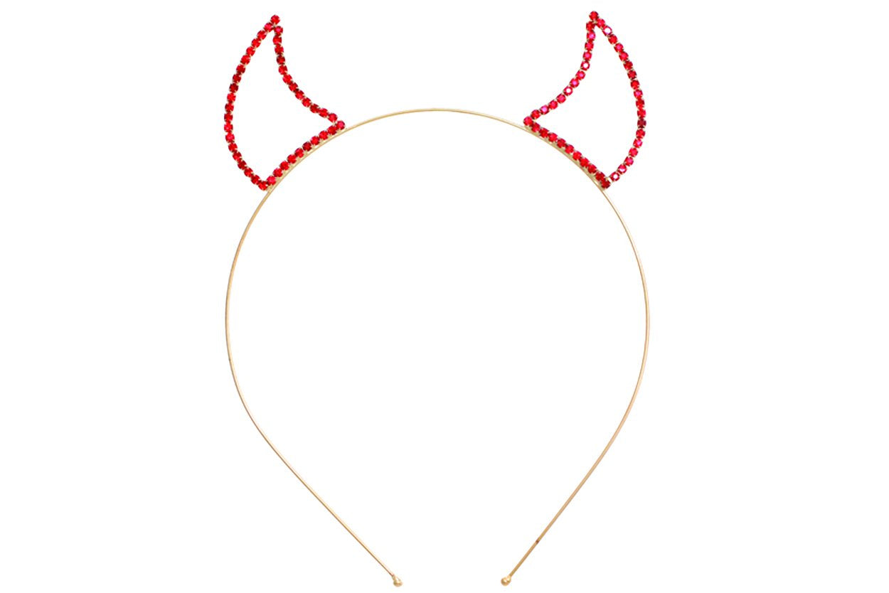 Devil Horns Single Row Rhinestone Headband (Gold Tone Red Crystal)