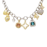 Two-Tone Trending Charm Link Necklace, Silver and Gold with CZ Stones, Classic Style, 18-20"