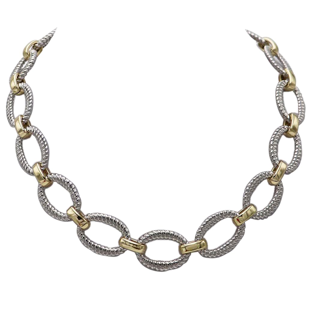 Woman's Statement Necklace, Burnished Silver and Gold Two-Tone, Metal Alloy Chain Links, 18 Inch Length