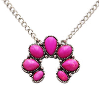 Western Style Squash Blossom Necklace, White Howlite Stone Pendant with Silver Alloy Chain, 16 Inch with 3 Inch Extender (Silver Burnished Hot Pink)