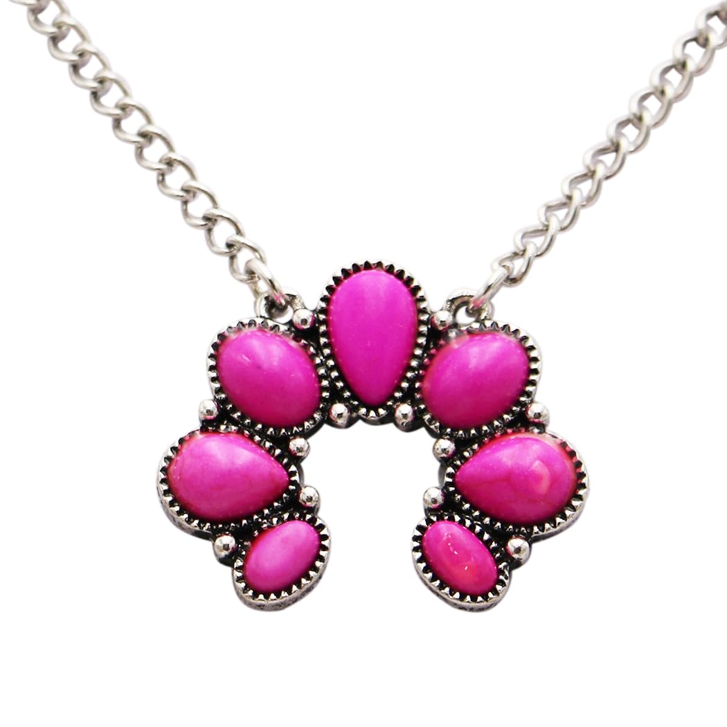 Western Style Squash Blossom Necklace, White Howlite Stone Pendant with Silver Alloy Chain, 16 Inch with 3 Inch Extender (Silver Burnished Hot Pink)