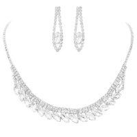 Beautiful Marquise Crystal Rhinestone Statement Silver Tone Bridal Necklace Set, 14.5"+5" Extender