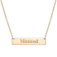 Inspirational Bar Pendant Necklace Blessed, 16"+3" Extender (Matte Gold Tone Type Font)