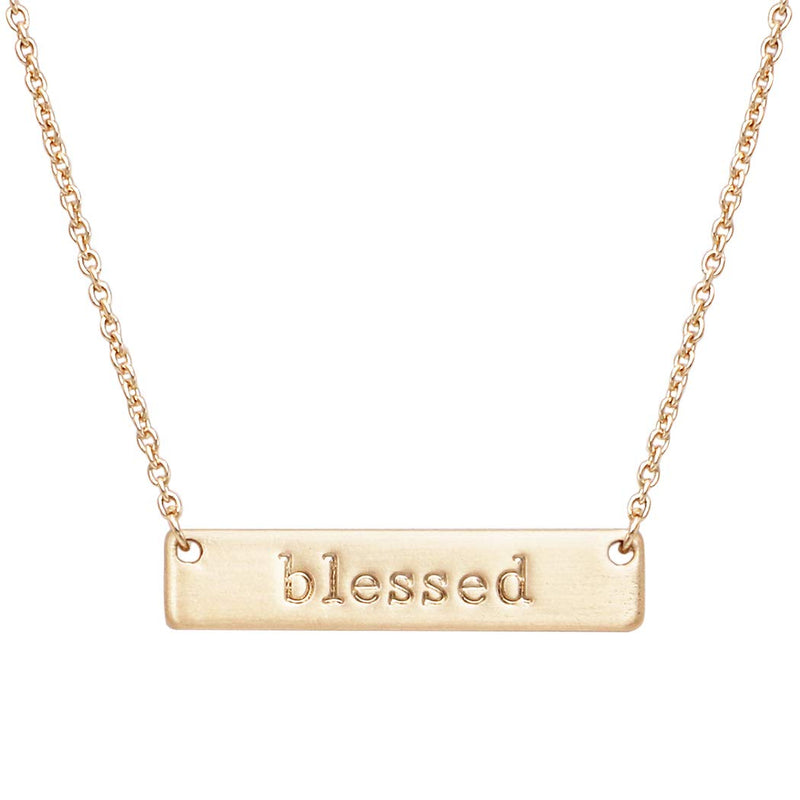 Inspirational Bar Pendant Necklace Blessed, 16"+3" Extender (Matte Gold Tone Type Font)