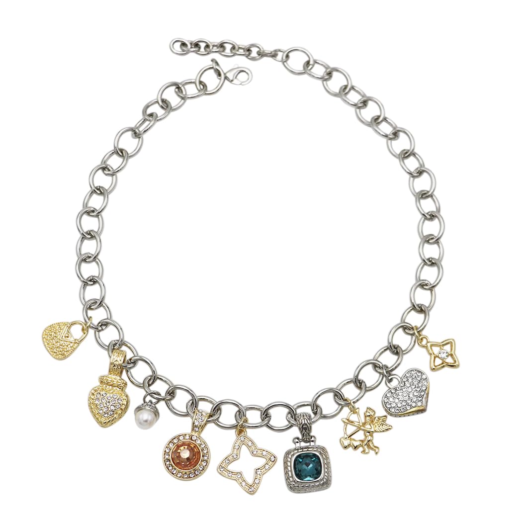 Two-Tone Trending Charm Link Necklace, Silver and Gold with CZ Stones, Classic Style, 18-20"