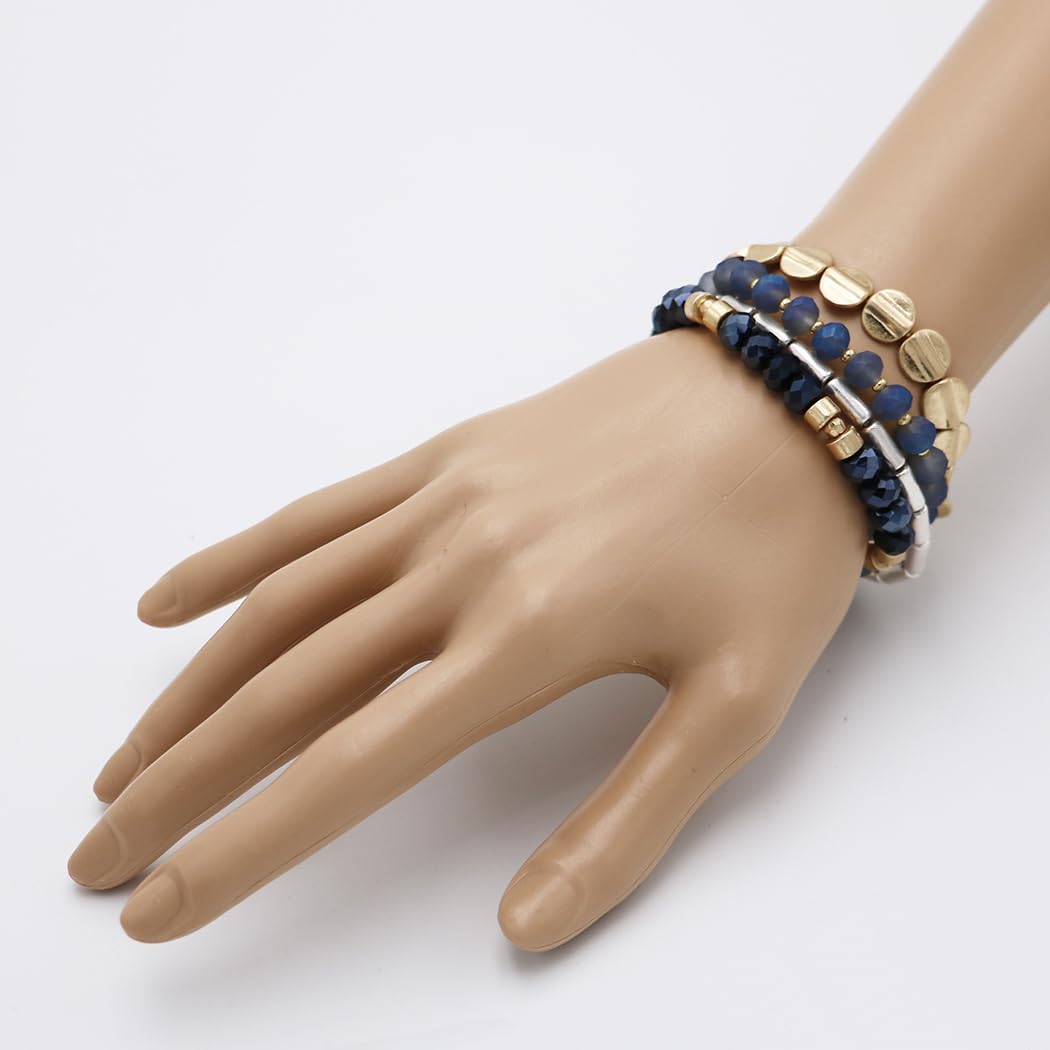 Beaded Stretch Bracelet Set, 4 Piece Stacking Collection, 6 Inch for Small Wrists (Two Tone Silver Gold Navy Blue)