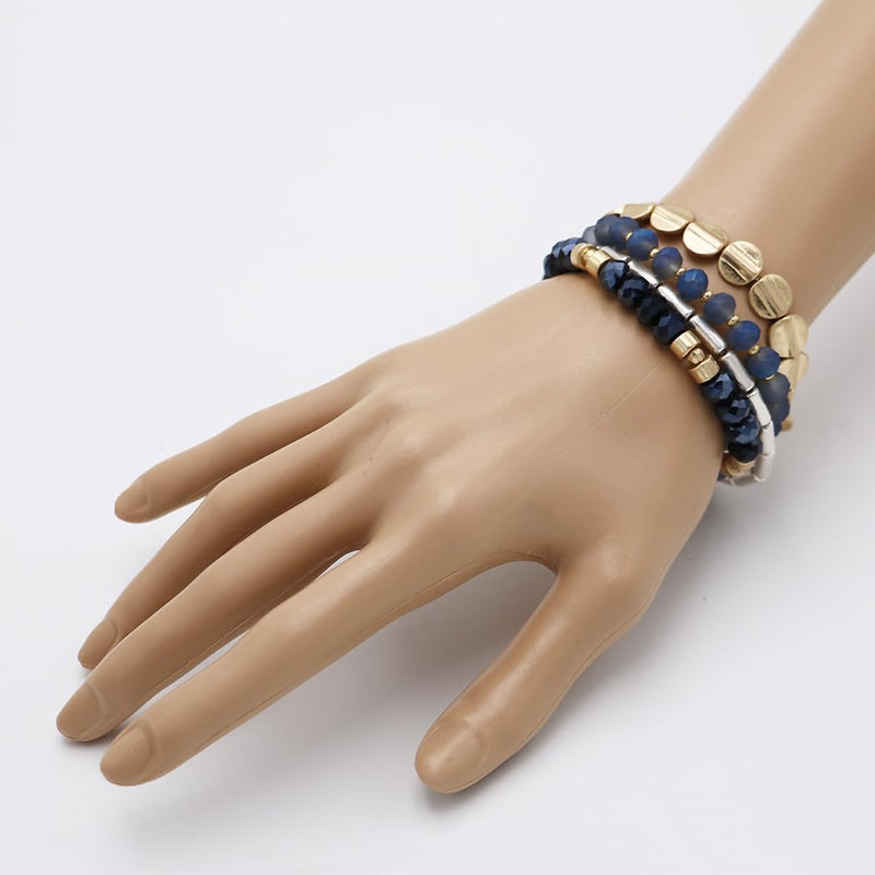Beaded Stretch Bracelet Set, 4 Piece Stacking Collection, 6 Inch for Small Wrists (Two Tone Silver Gold Navy Blue)