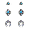Western Cowgirl Earrings Set, 3 Pairs, Turquoise Howlite and AB Crystal Rhinestone, Silver-Tone