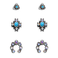 Western Cowgirl Earrings Set, 3 Pairs, Turquoise Howlite and AB Crystal Rhinestone, Silver-Tone