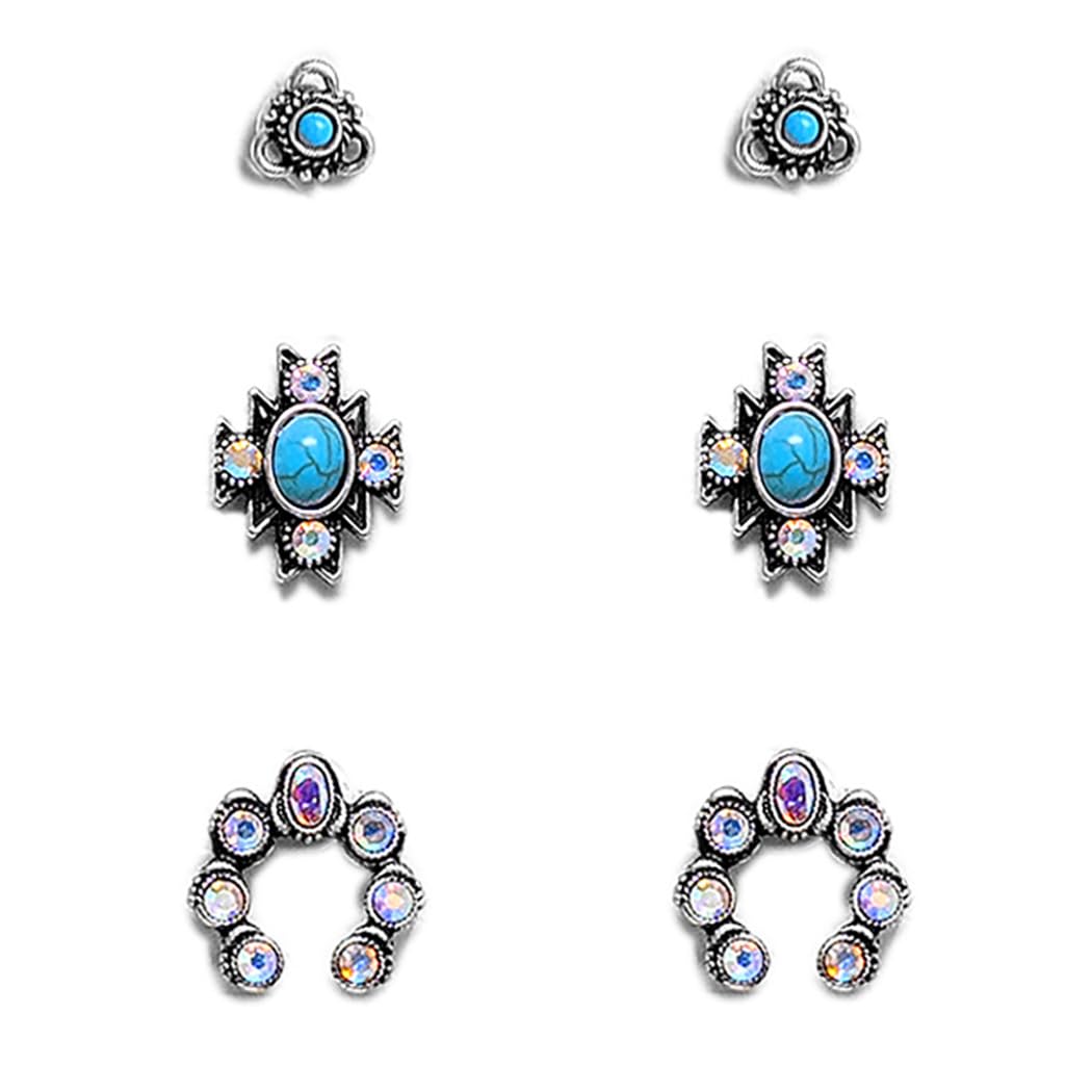 Western Cowgirl Earrings Set, 3 Pairs, Turquoise Howlite and AB Crystal Rhinestone, Silver-Tone