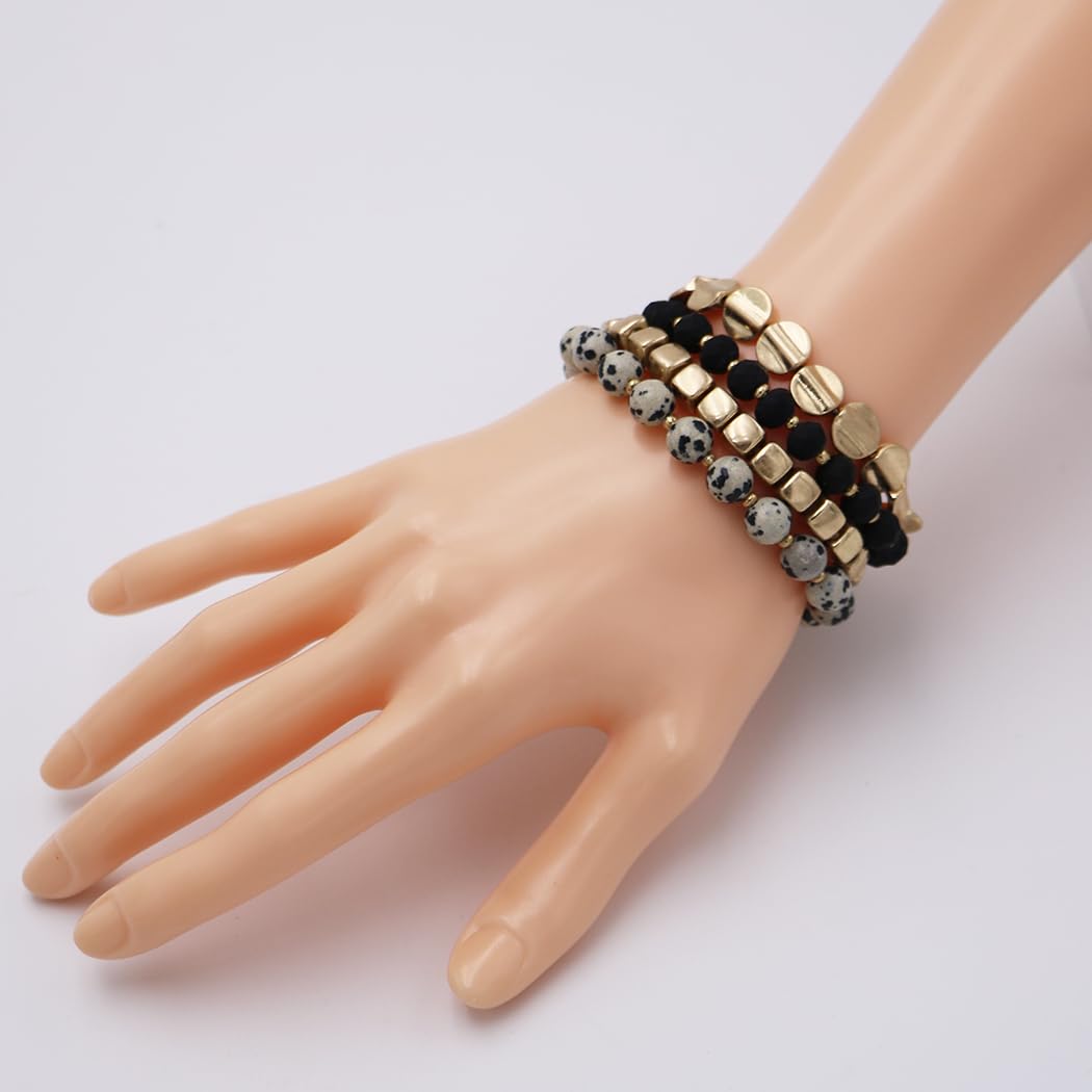 Beaded Stretch Bracelet Set, 4 Piece Stacking Collection, 6 Inch for Small Wrists (Gold and Black Dalmation)