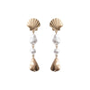 Vintage Shell Earrings with Faux Pearl and Gold Tone Nugget Drops, 3 Inch Length, Nautical Style Dangle