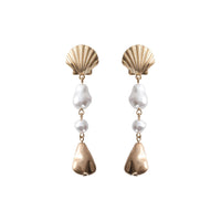 Vintage Shell Earrings with Faux Pearl and Gold Tone Nugget Drops, 3 Inch Length, Nautical Style Dangle