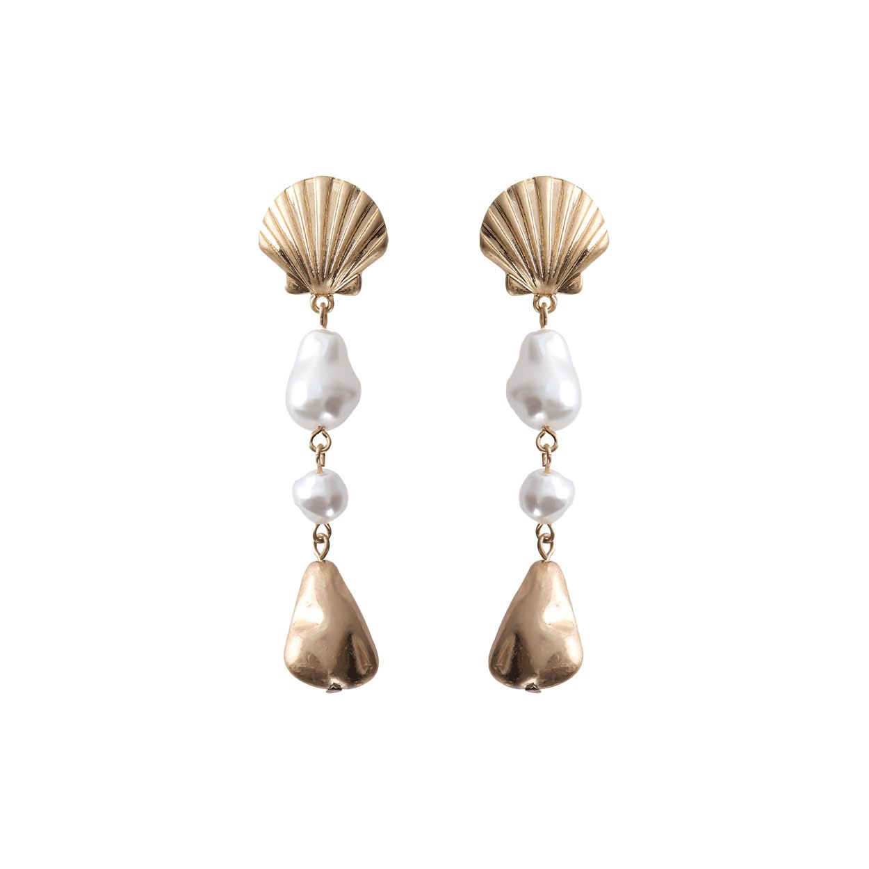 Vintage Shell Earrings with Faux Pearl and Gold Tone Nugget Drops, 3 Inch Length, Nautical Style Dangle