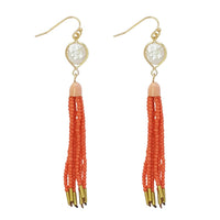 Stunning Seed Bead Tassel Dangle Earrings (Natural Mother Of Pearl Coral With Gold Fish Hook, 3.5")