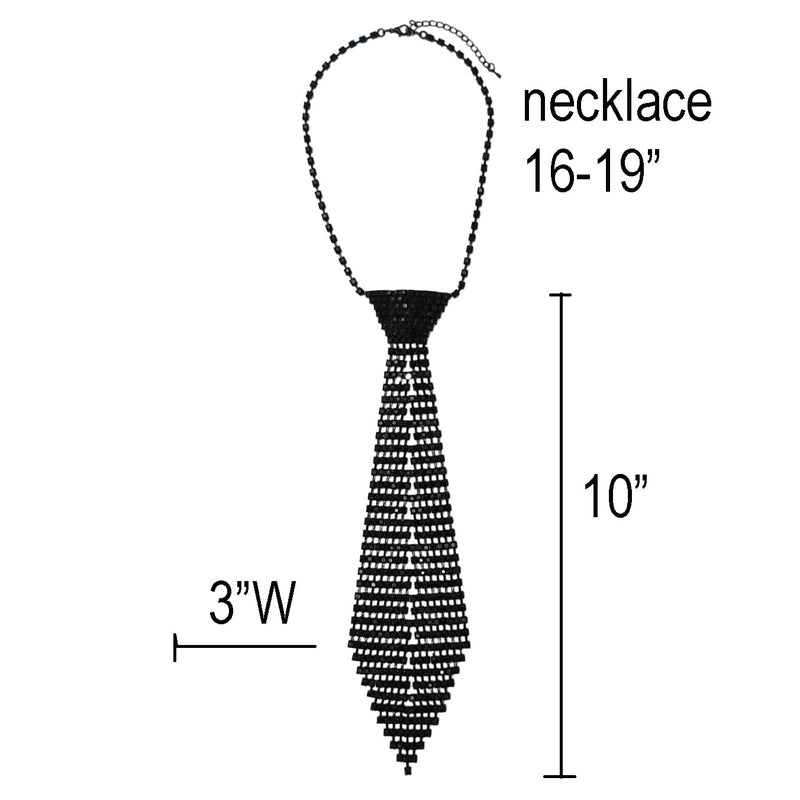 Stunning Jewlery Tie Crystal Rhinestone Necktie Necklace (Mid Length Black Tone Black Crystals 10")