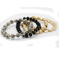 Beaded Stretch Bracelet Set, 4 Piece Stacking Collection, 6 Inch for Small Wrists (Gold and Black Dalmation)