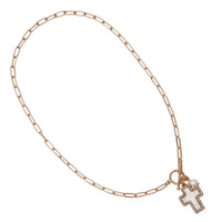 Natural Abalone Shell Cross Pendant with Crystal Edge Detail, Freshwater Pearl Charm, Gold Tone Paperclip Chain Necklace, Toggle Clasp, 18 Inch