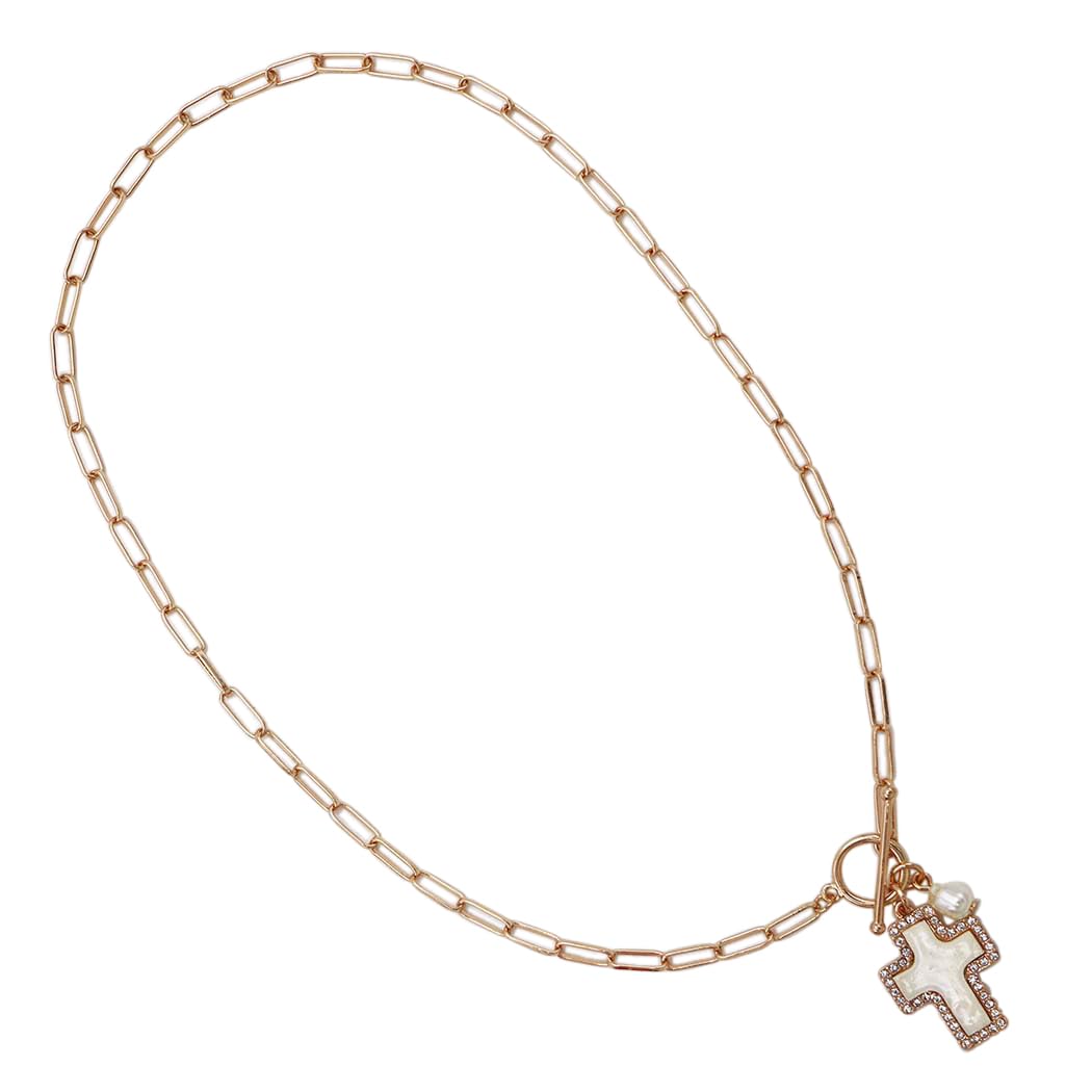 Natural Abalone Shell Cross Pendant with Crystal Edge Detail, Freshwater Pearl Charm, Gold Tone Paperclip Chain Necklace, Toggle Clasp, 18 Inch