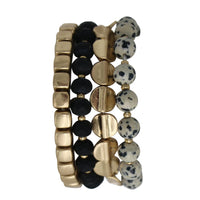 Beaded Stretch Bracelet Set, 4 Piece Stacking Collection, 6 Inch for Small Wrists (Gold and Black Dalmation)