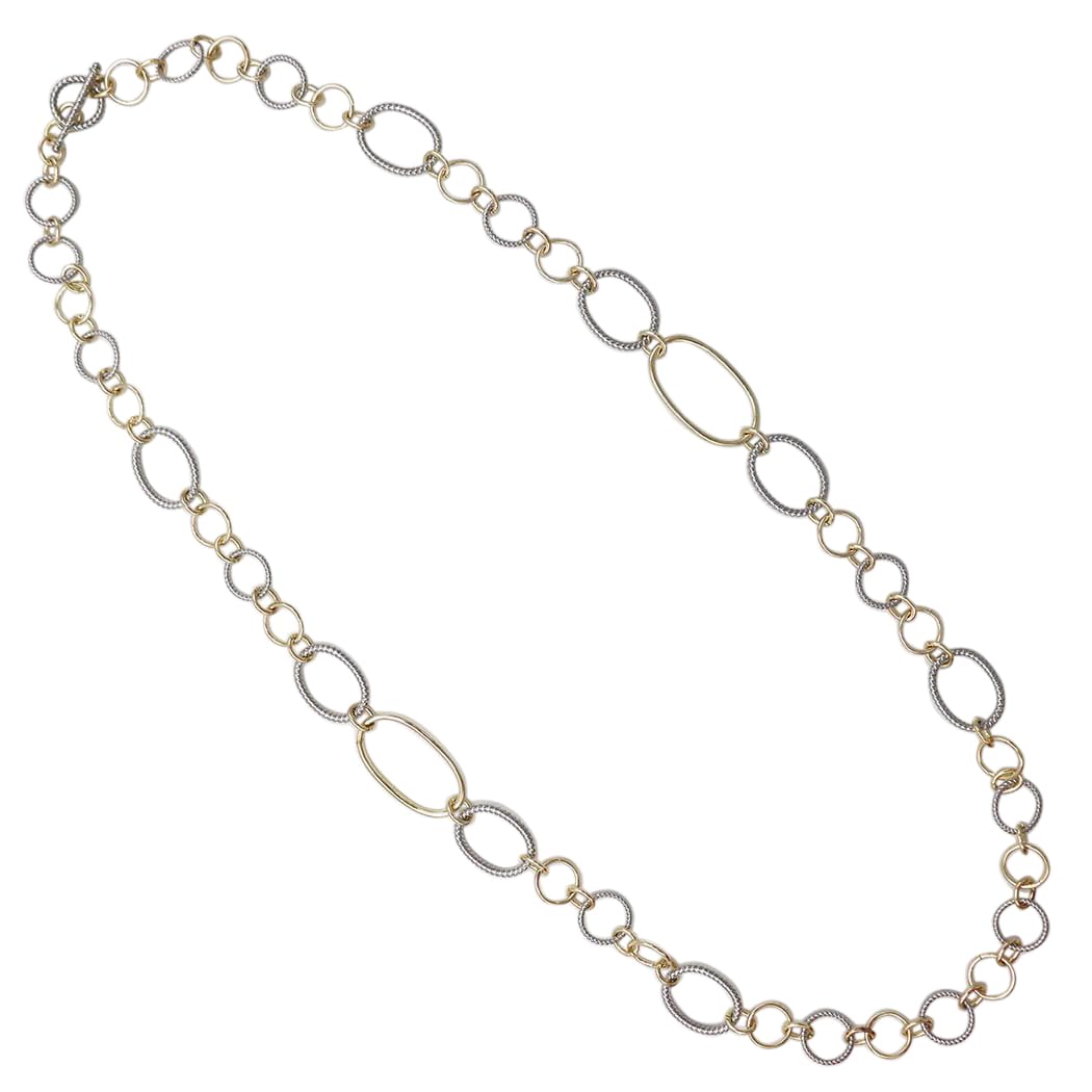 Two Tone Chain Necklace, Silver and Gold, Metal Alloy, 36 Inch Long, Textured Cable Link with Toggle Clasp