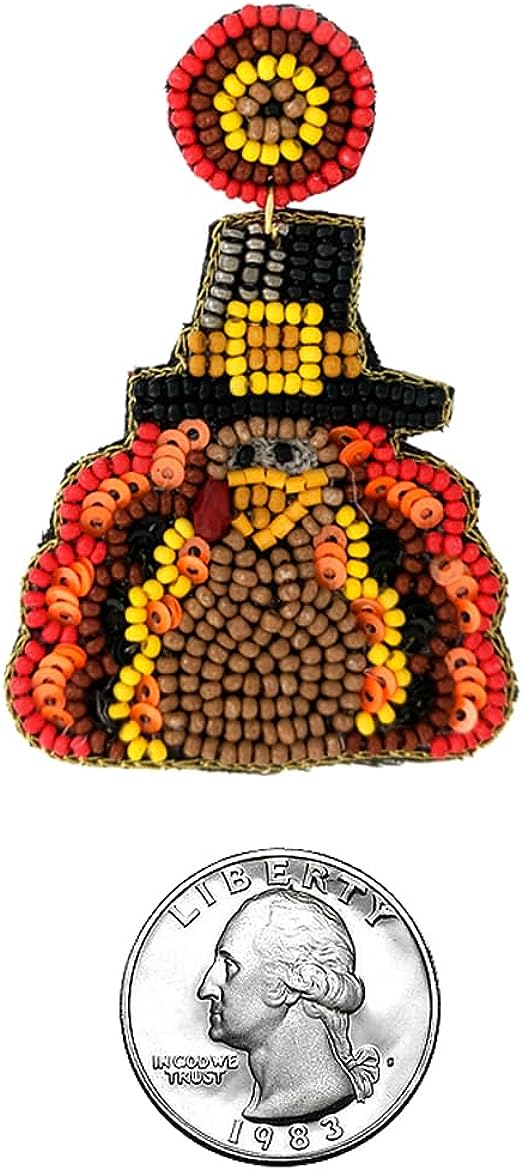 Gobalicious Decorative Seed Bead Thanksgiving Turkey In A Pilgrim Hat Earrings, 3" (Circular Top, 2.75")