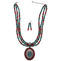 Cowgirl Chic Statement Burnished Silver Howlite Concho Pendant On Multi Strand Western Metallic Pearl Necklace Earrings Set, 20"+3" Extender