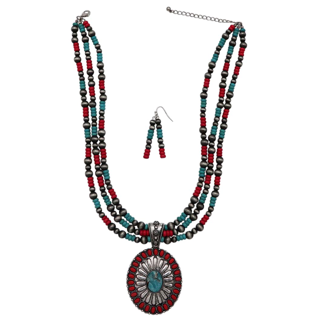 Cowgirl Chic Statement Burnished Silver Howlite Concho Pendant On Multi Strand Western Metallic Pearl Necklace Earrings Set, 20"+3" Extender