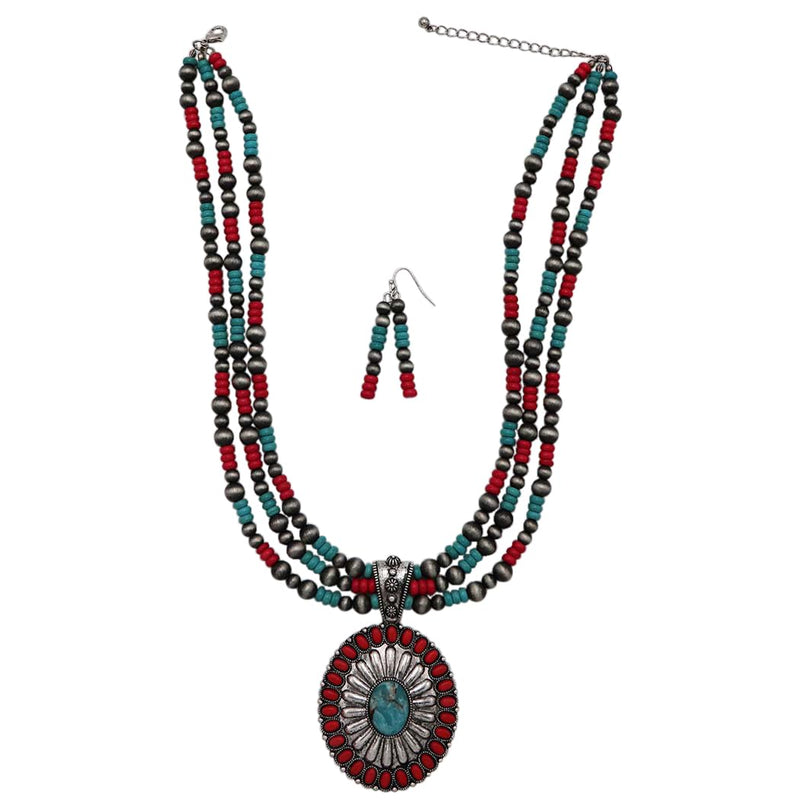 Cowgirl Chic Statement Burnished Silver Howlite Concho Pendant On Multi Strand Western Metallic Pearl Necklace Earrings Set, 20"+3" Extender