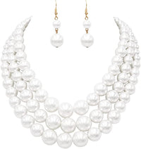 Multi Strand Simulated Pearl Necklace and Earrings Jewelry Set, 18"+3" Extender (White/Gold Tone Double Bead Earring)