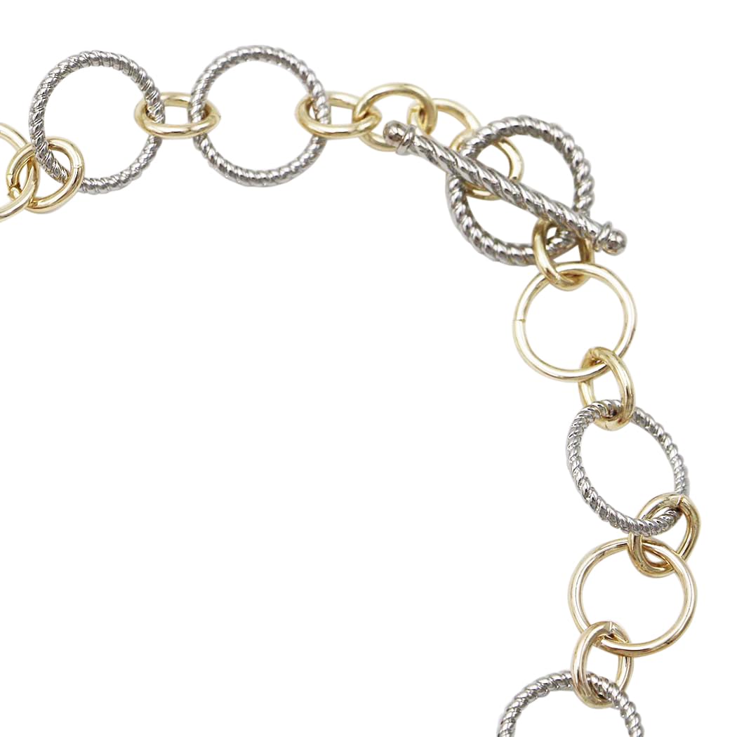 Two Tone Chain Necklace, Silver and Gold, Metal Alloy, 36 Inch Long, Textured Cable Link with Toggle Clasp