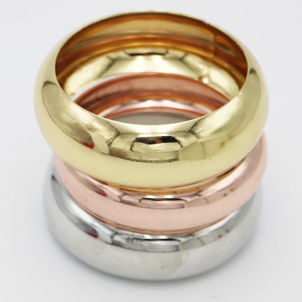 Tri-Color Stacking Bangle Bracelets Set, Rose Gold, Gold and Silver Plated, Round Chunky Design, Thick, Bold and Gold for Med to Large size wrists 3 Piece Set 8.25"