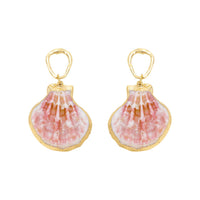 Natural Seashell Dangle Earrings, Gold Frame, Pink, Coral and White Shell Pattern, Beach Theme Statement Jewelry, 2.5 Inch Length