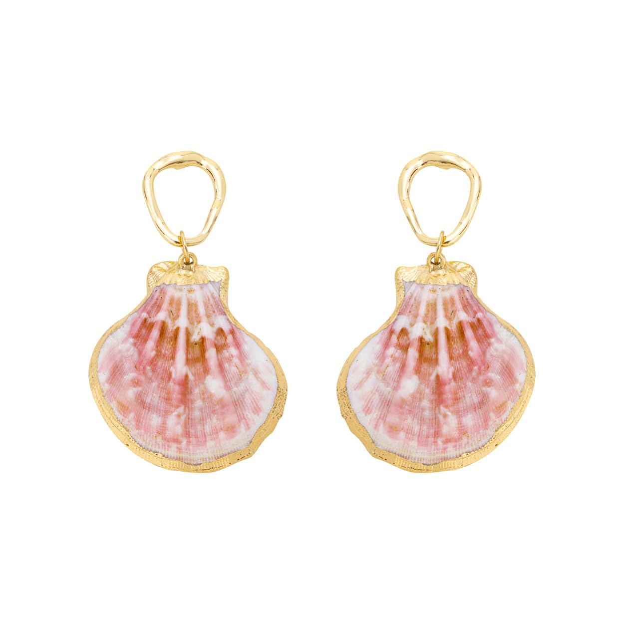 Natural Seashell Dangle Earrings, Gold Frame, Pink, Coral and White Shell Pattern, Beach Theme Statement Jewelry, 2.5 Inch Length