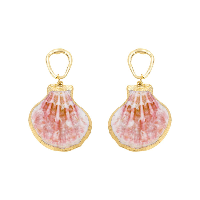 Natural Seashell Dangle Earrings, Gold Frame, Pink, Coral and White Shell Pattern, Beach Theme Statement Jewelry, 2.5 Inch Length