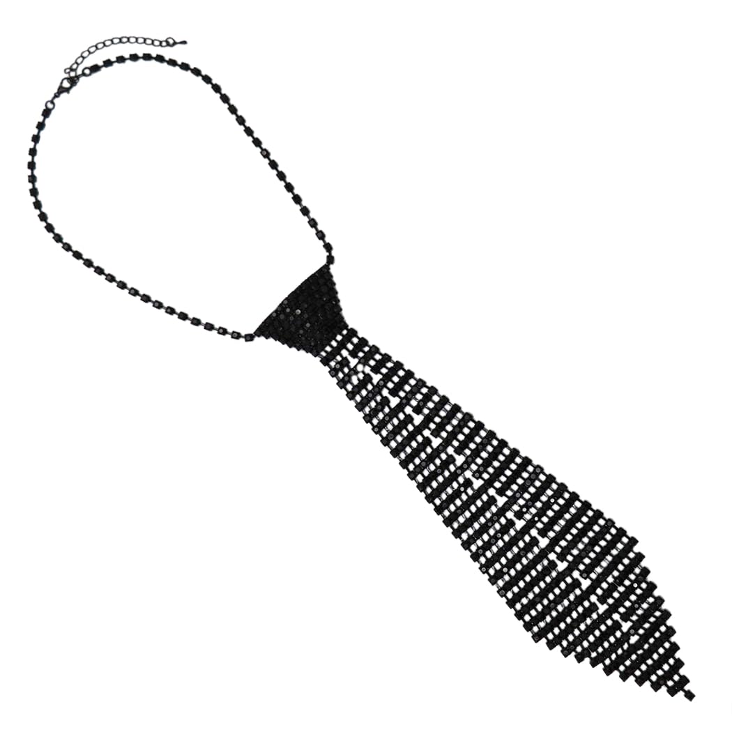 Stunning Jewlery Tie Crystal Rhinestone Necktie Necklace (Mid Length Black Tone Black Crystals 10")