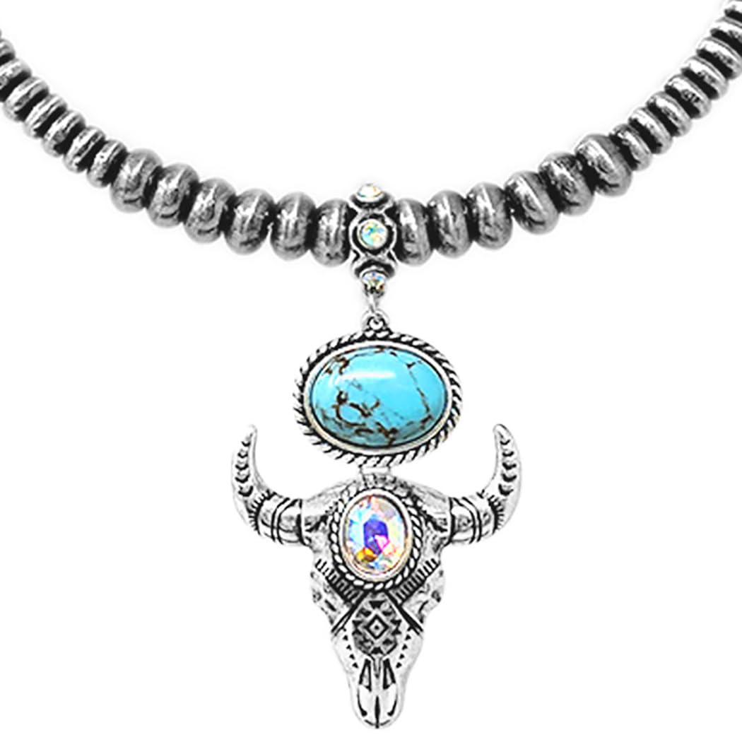 Western Choker Necklace With Long Horn Pendant