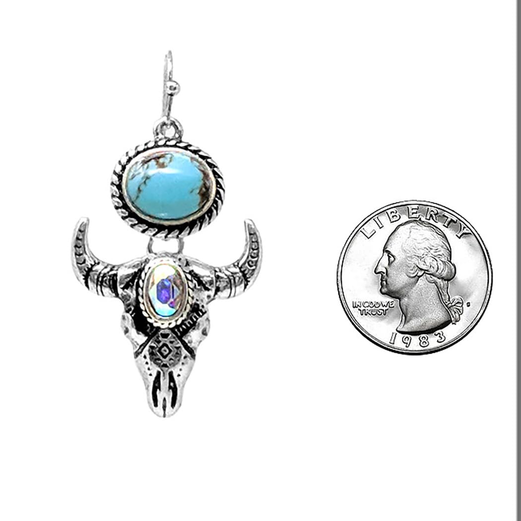 Western Dangle Earrings, Turquoise Howlite, Silver Long Horn with Iridescent Crystal, 1.50 Inch