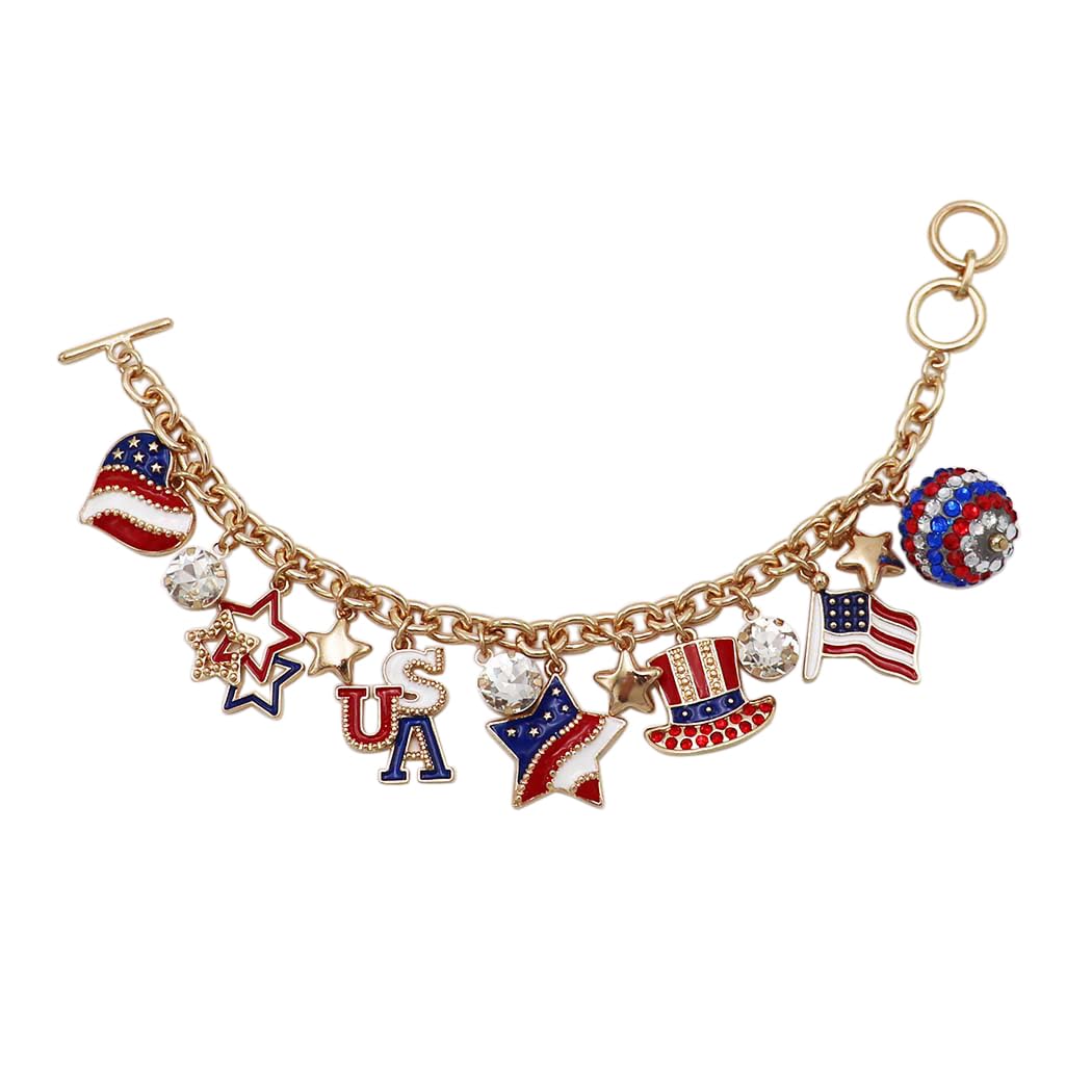 Sleek Polished Gold Tone Red White And Blue USA Flag Patriotic July 4th Charm Bracelet, Adjustable Toggle Clasp Bracelet, 7.5" - 8.5"