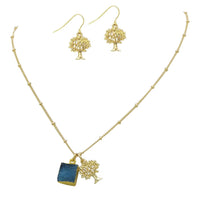 Bohemian Chic Natural Druzy Stone And Tree Of Life Pendant Charms Gold Tone Necklace Earring Set, 16.5"+3" Extender (Turquoise Blue)