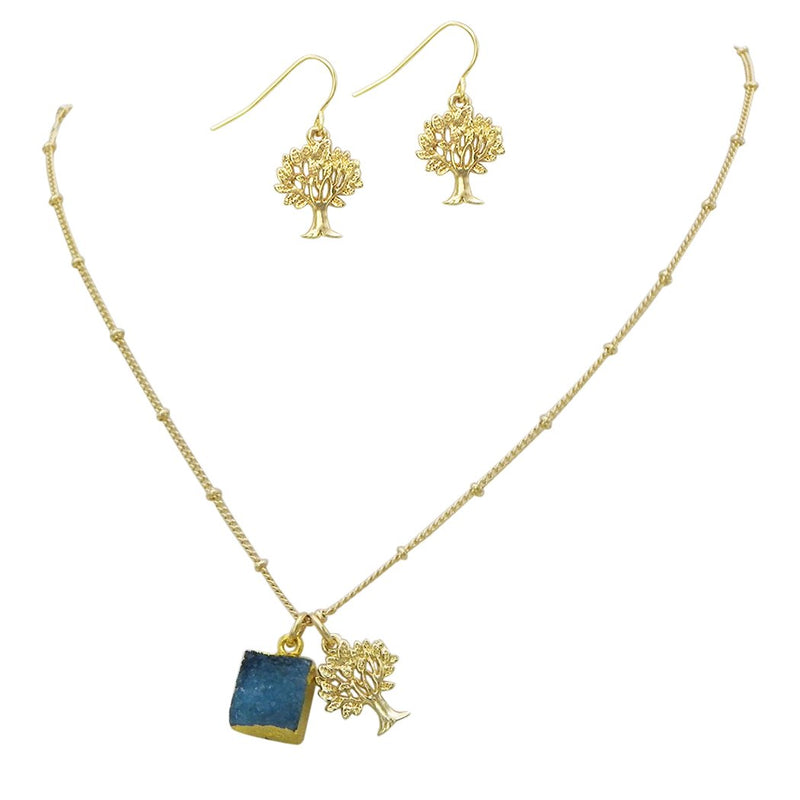 Bohemian Chic Natural Druzy Stone And Tree Of Life Pendant Charms Gold Tone Necklace Earring Set, 16.5"+3" Extender (Turquoise Blue)