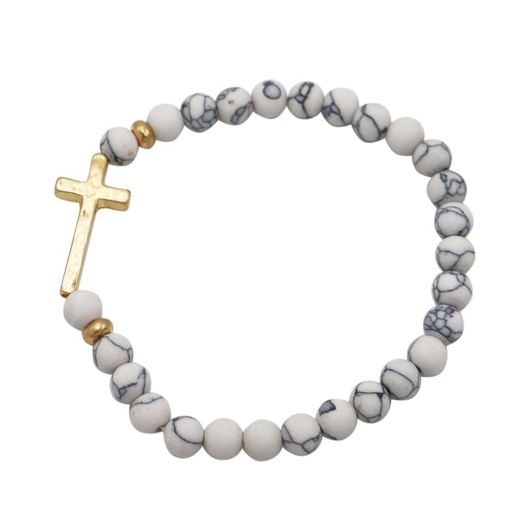 Matte White Marble Howlite Beaded Stretch Bracelet with Gold Tone Sideways Cross, Size 7 (For Small Wrists)