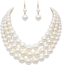 Multi Strand Simulated Pearl Necklace and Earrings Jewelry Set, 18"+3" Extender (Cream Gold Tone - Double Ball Earring)